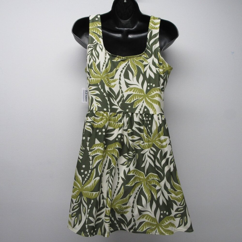 Old Navy Olive & Cream Tropical Leaf One-Piece Swim Dress - Picture 2 of 5